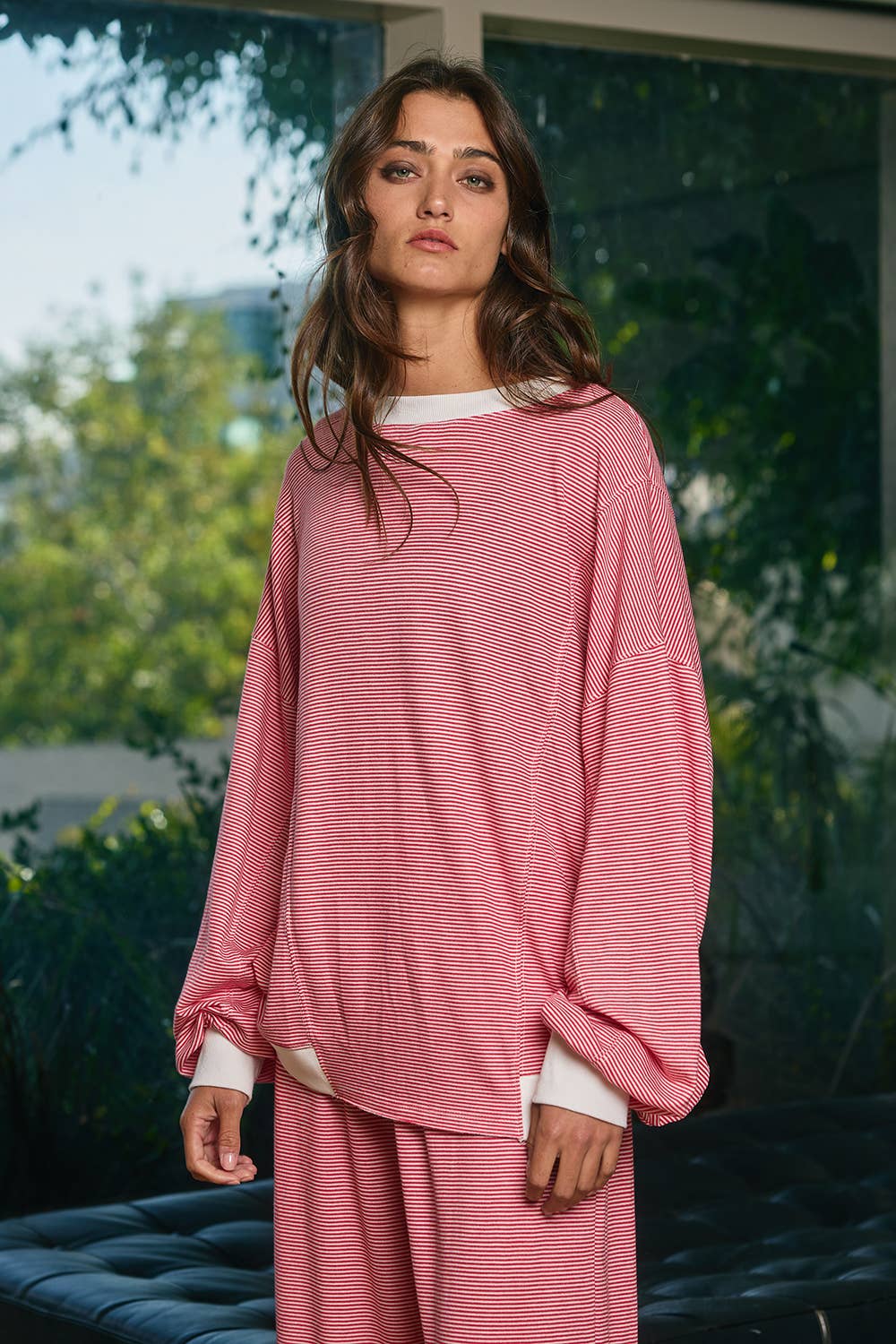 Cherry Reversible Striped Knit Sweatshirt Top