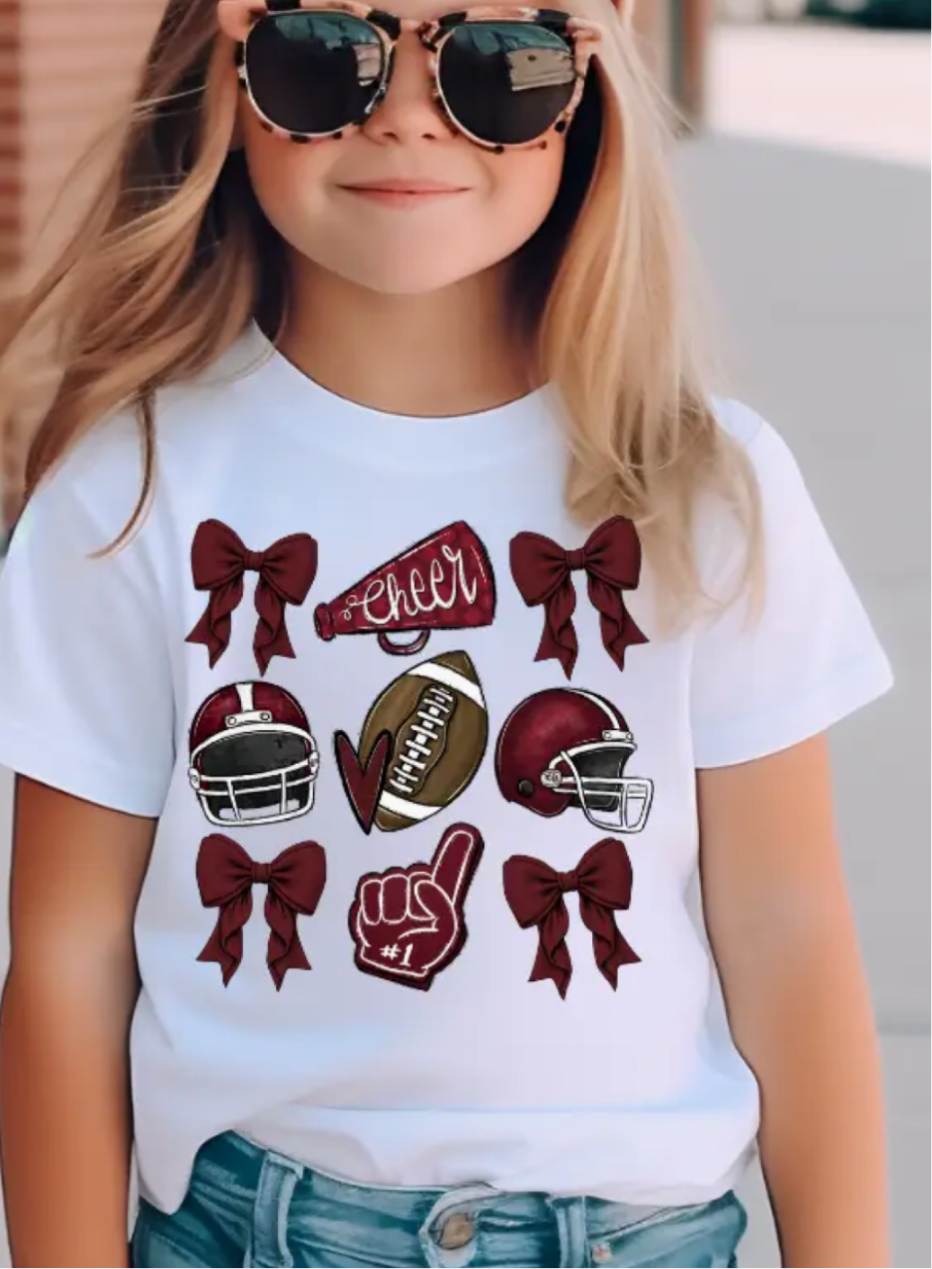 Maroon Football and Bows Cheer Kids Game Day T-Shirt