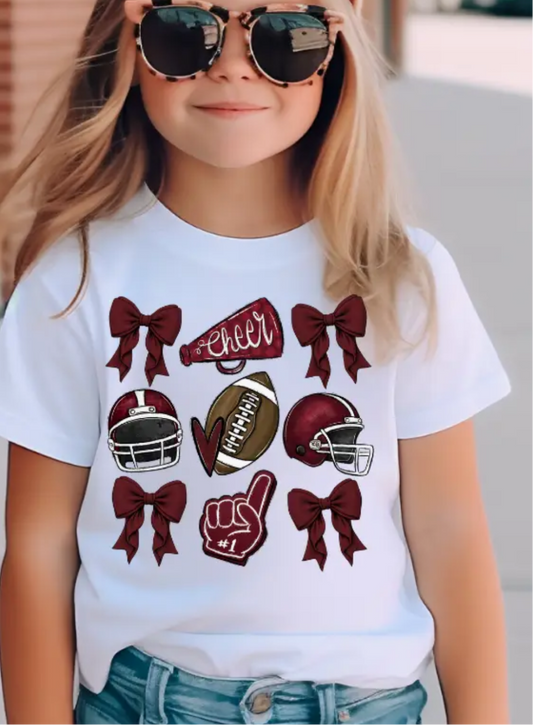 Maroon Football and Bows Cheer Kids Game Day T-Shirt