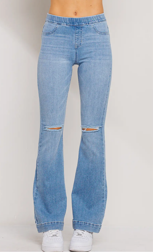 Pull On Mid Rise Flare with Knee Distressing - Jelly Jeans