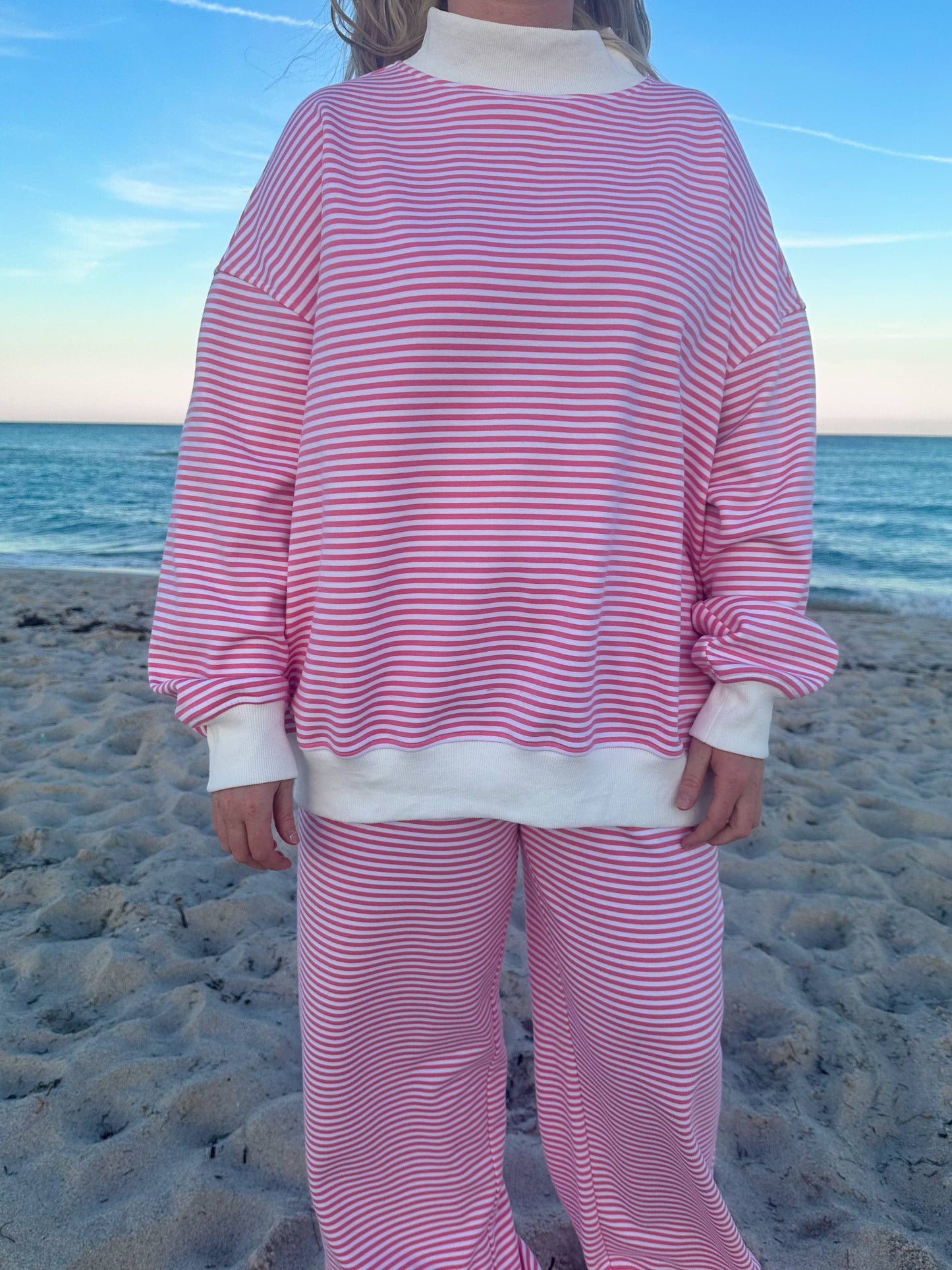 Dark Pink and White Big Striped Mockneck Sweatshirt
