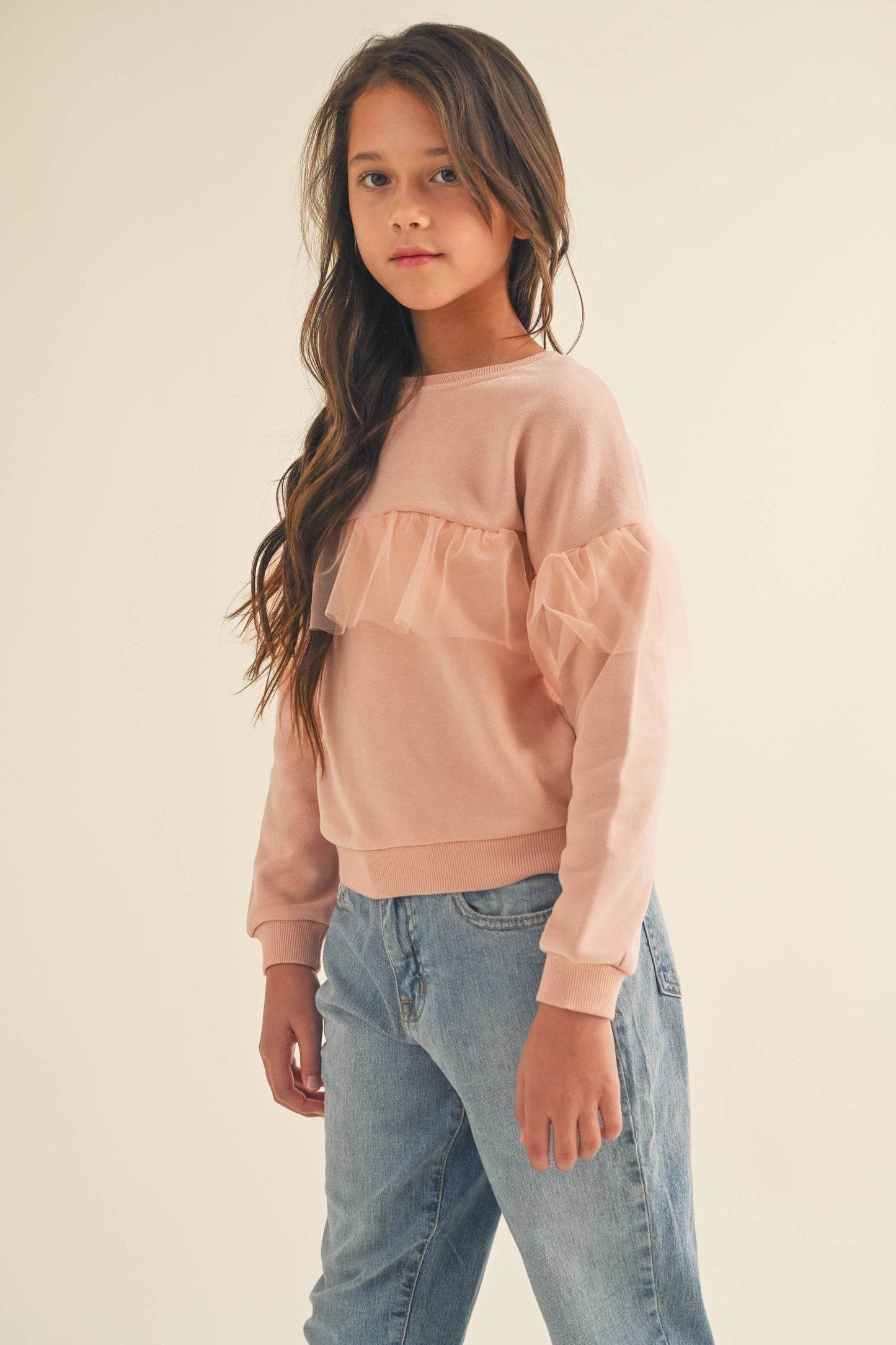 KIDS VALENTINE EASTER MESH RUFFLE SWEATSHIRT KT2382BL (7-14)