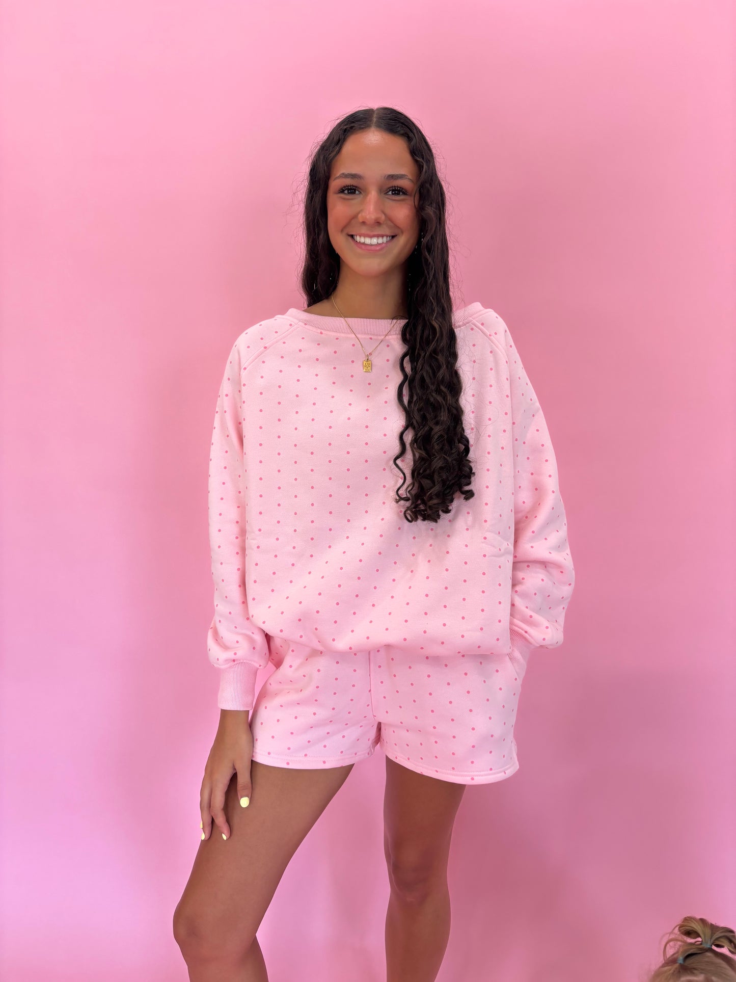 Light Pink Polka Dot Off The Shoulder Sweatshirt 100% Cotton