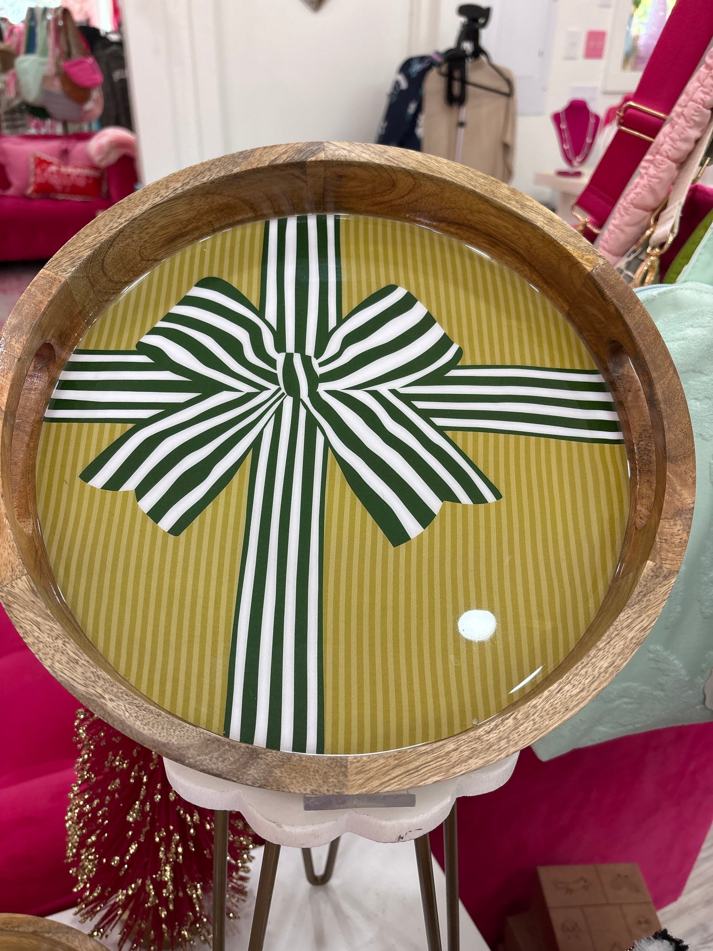 Large round wood enamel tray - holiday gift bow
