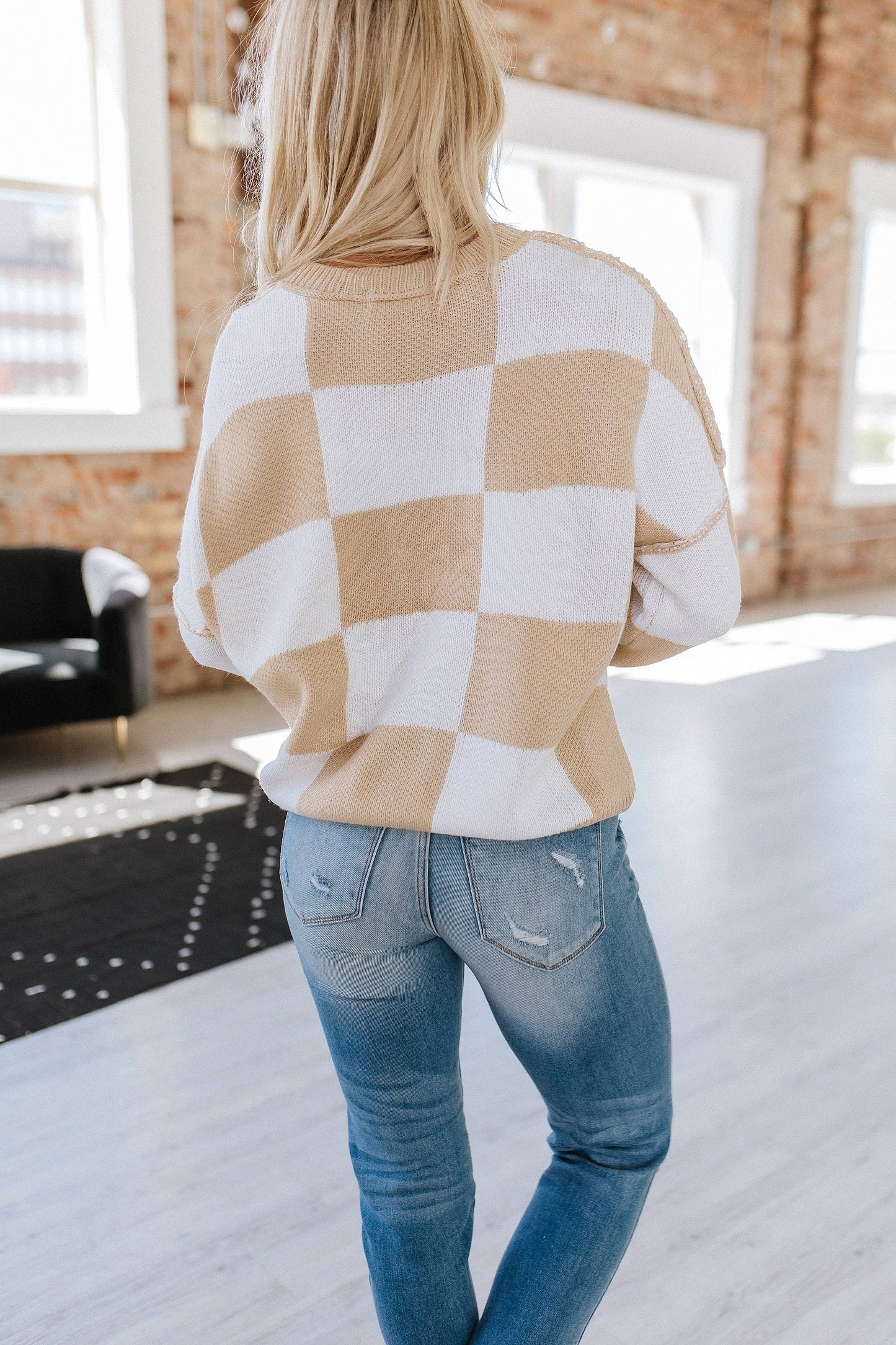 Checkered Bishop Sleeve Sweater