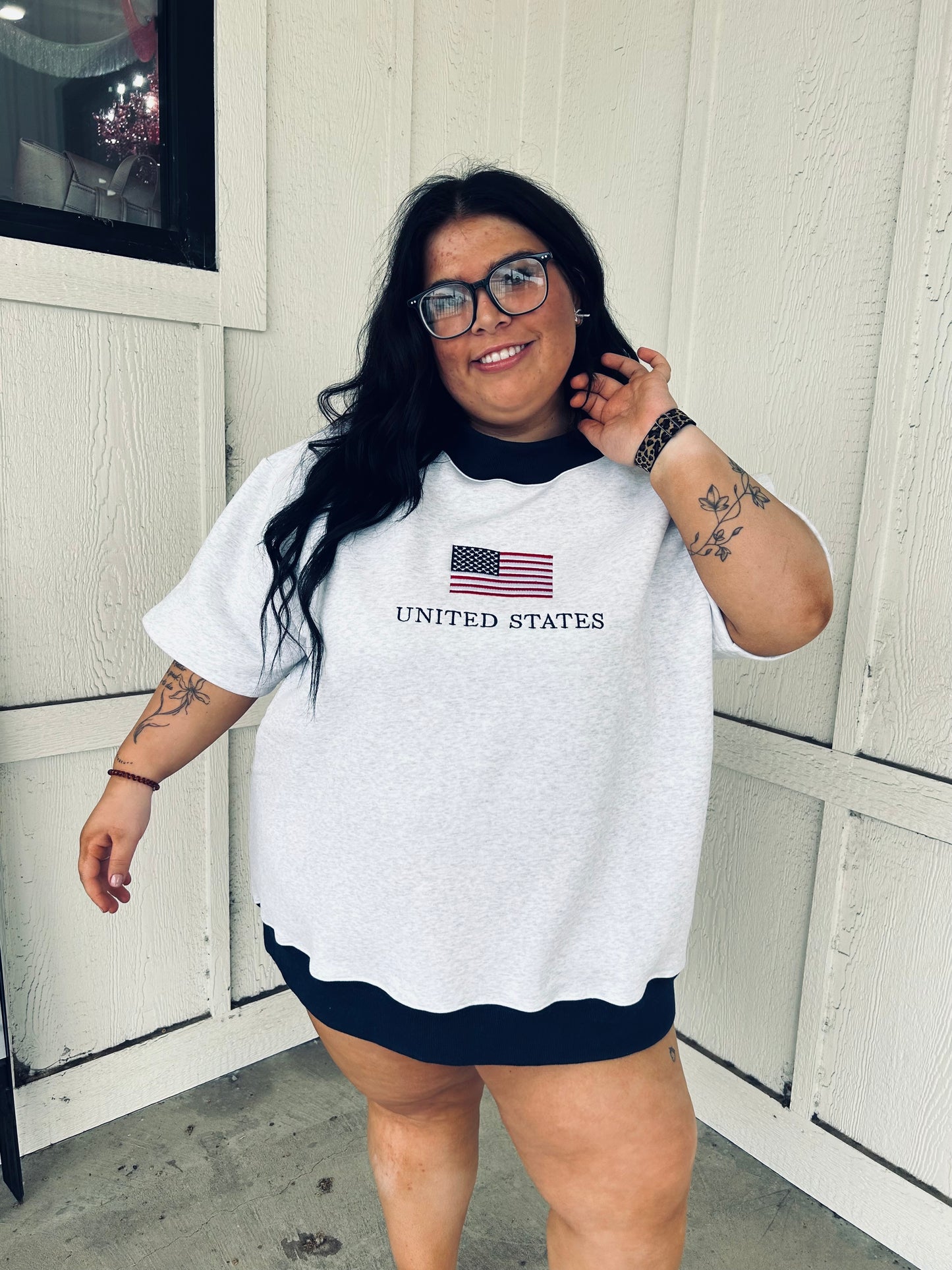 United States Flag Embroider Mockneck Short Sleeve Sweatshirt