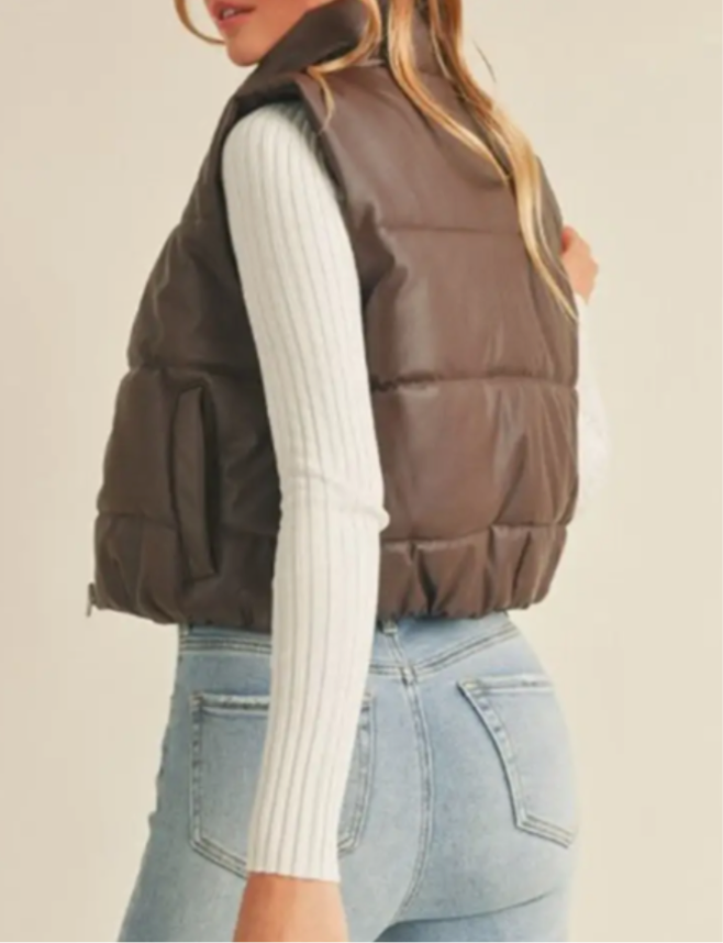 Faux Leather High Neck Zip Up Puffer Vest