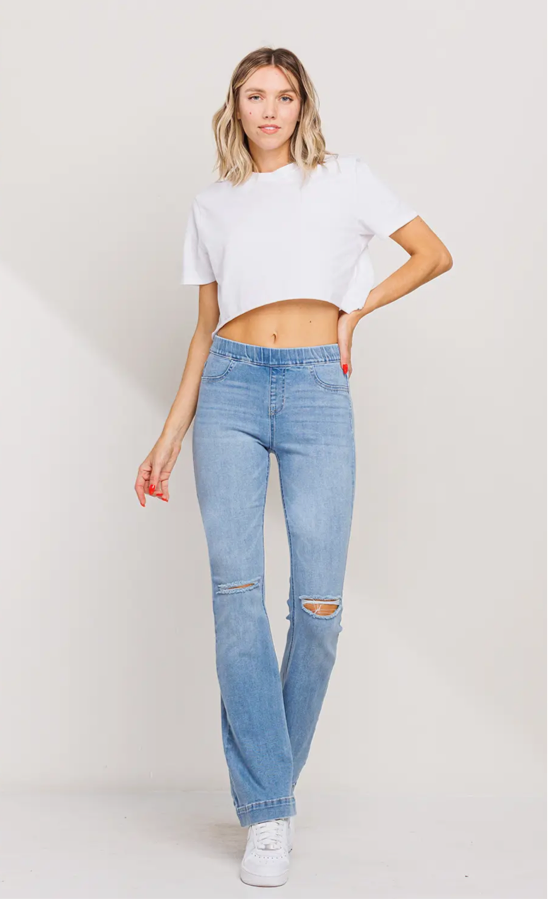 Pull On Mid Rise Flare with Knee Distressing - Jelly Jeans