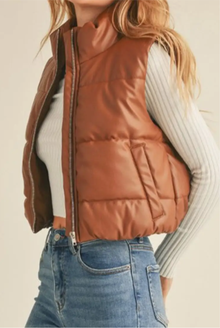 Faux Leather High Neck Zip Up Puffer Vest