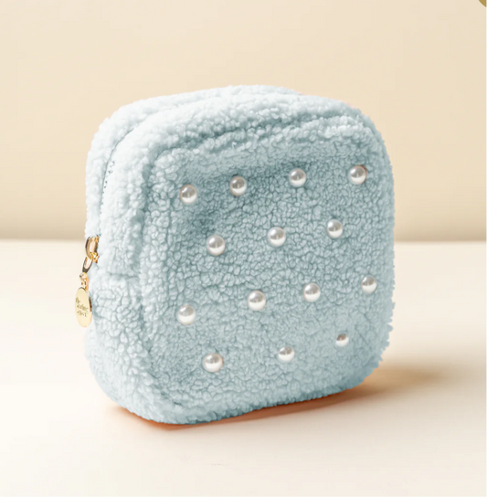 Square Pearl Blue Teddy Pouch