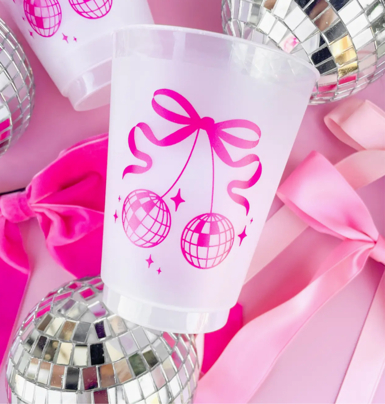 Pink Bow Disco Ball Cherries Frosted Cups