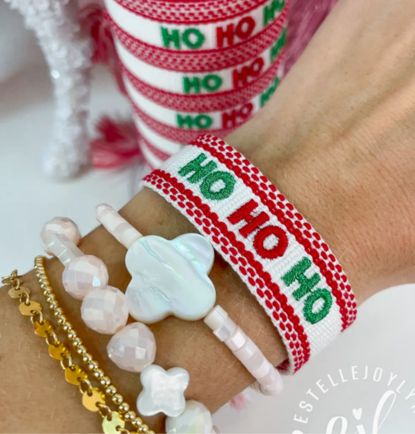 Ho Ho Ho Christmas Bracelet Embroidered / Holiday Jewelry