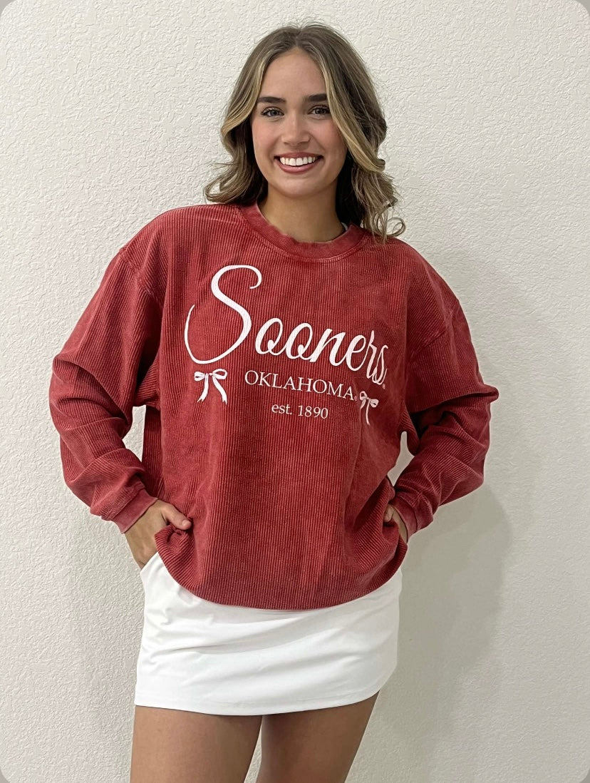 Ou Sooners Established Bows Red Corded Crew Sweatshirt