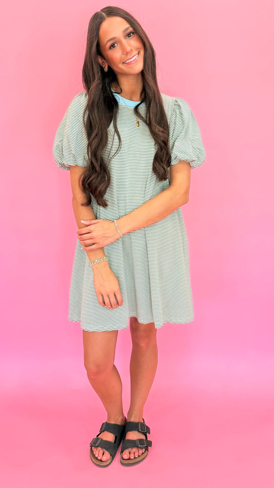 STRIPED PUFF SLEEVE KNIT MINI DRESS