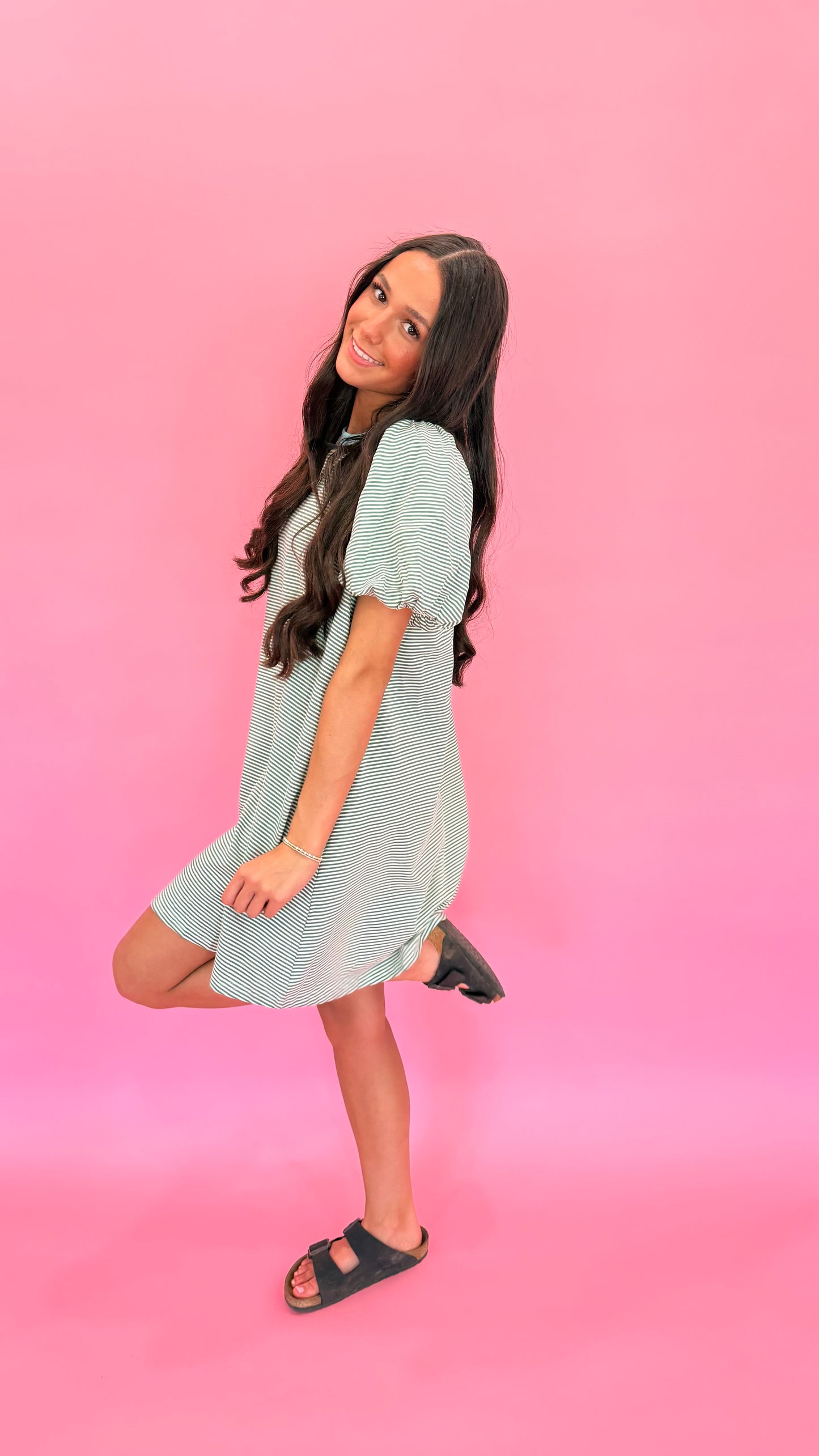 STRIPED PUFF SLEEVE KNIT MINI DRESS