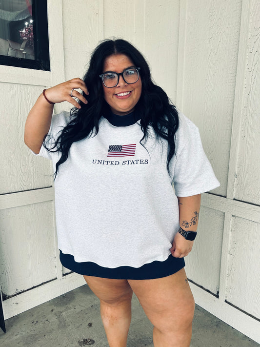 United States Flag Embroider Mockneck Short Sleeve Sweatshirt