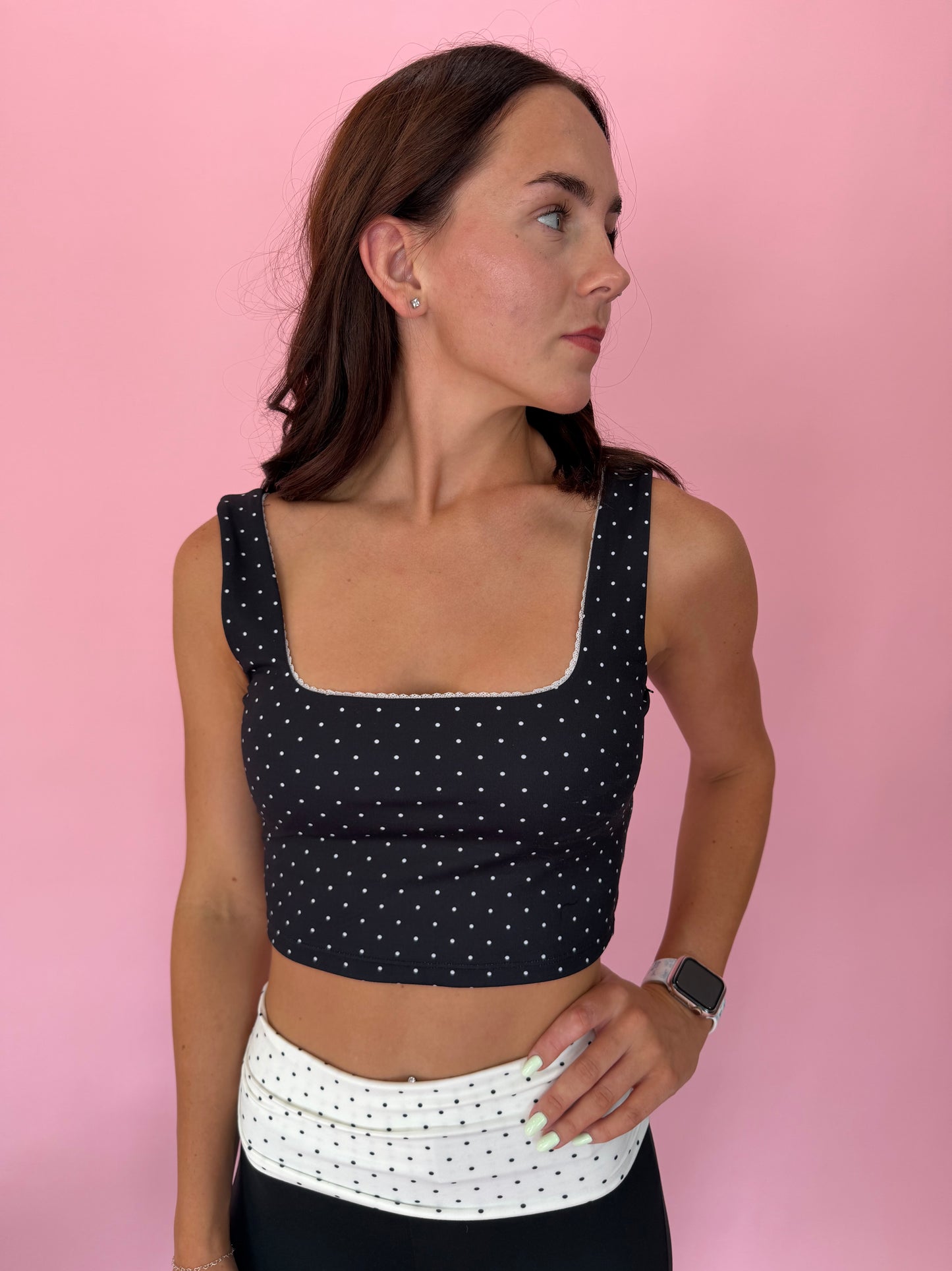 Polka Dot Print Crop Tank with Lace Trim