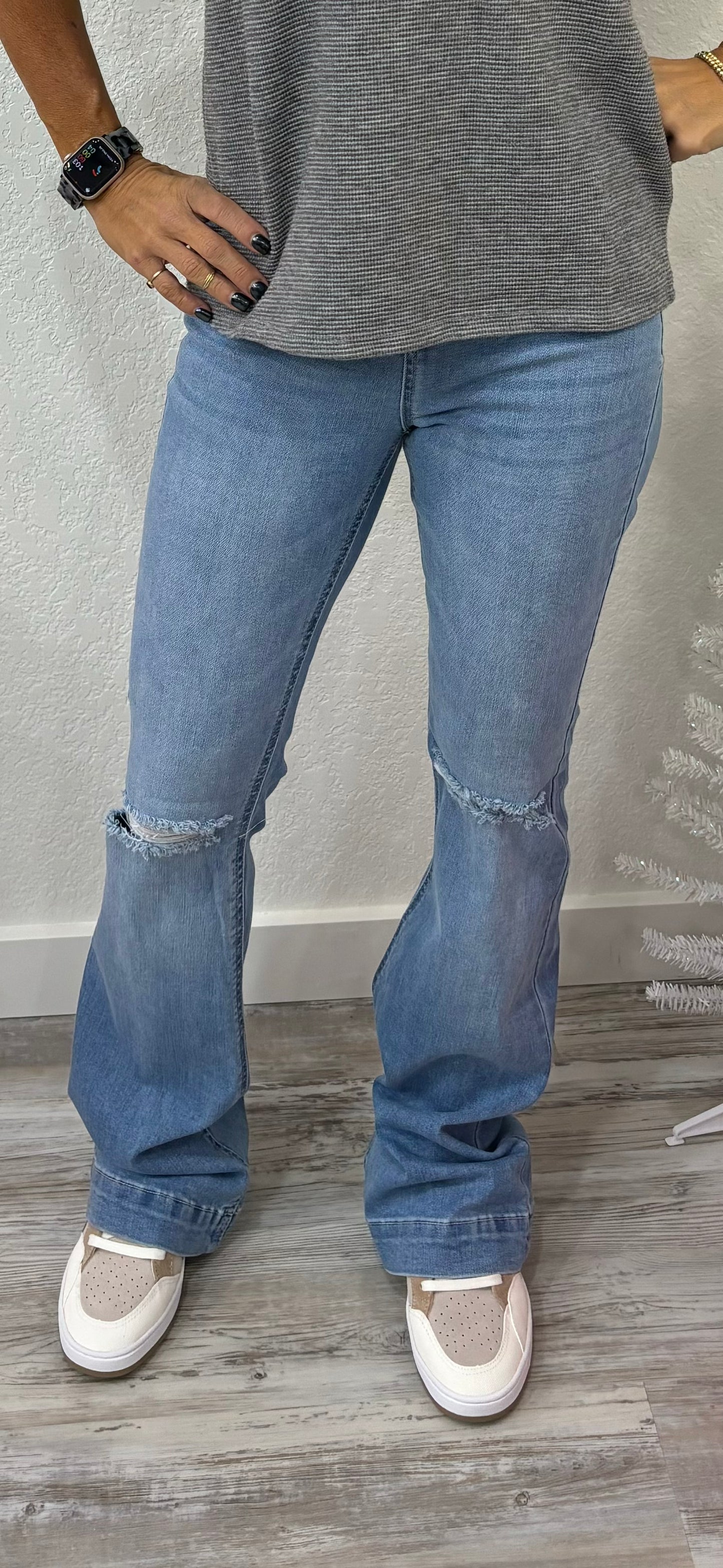 Pull On Mid Rise Flare with Knee Distressing - Jelly Jeans