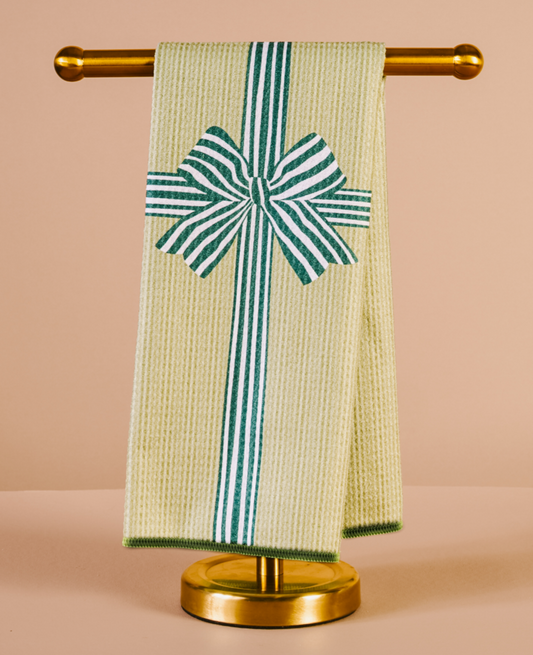 Waffle Tea Towel-Holiday Gift Bow Green