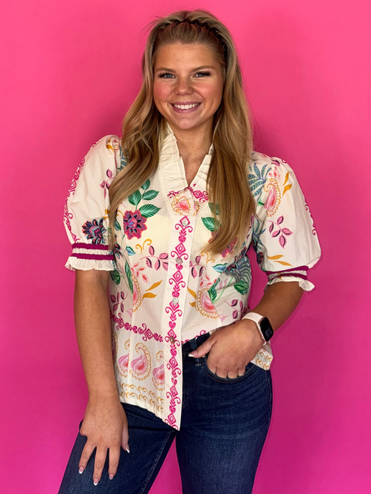 Tropical Ruffle Neck Blouse