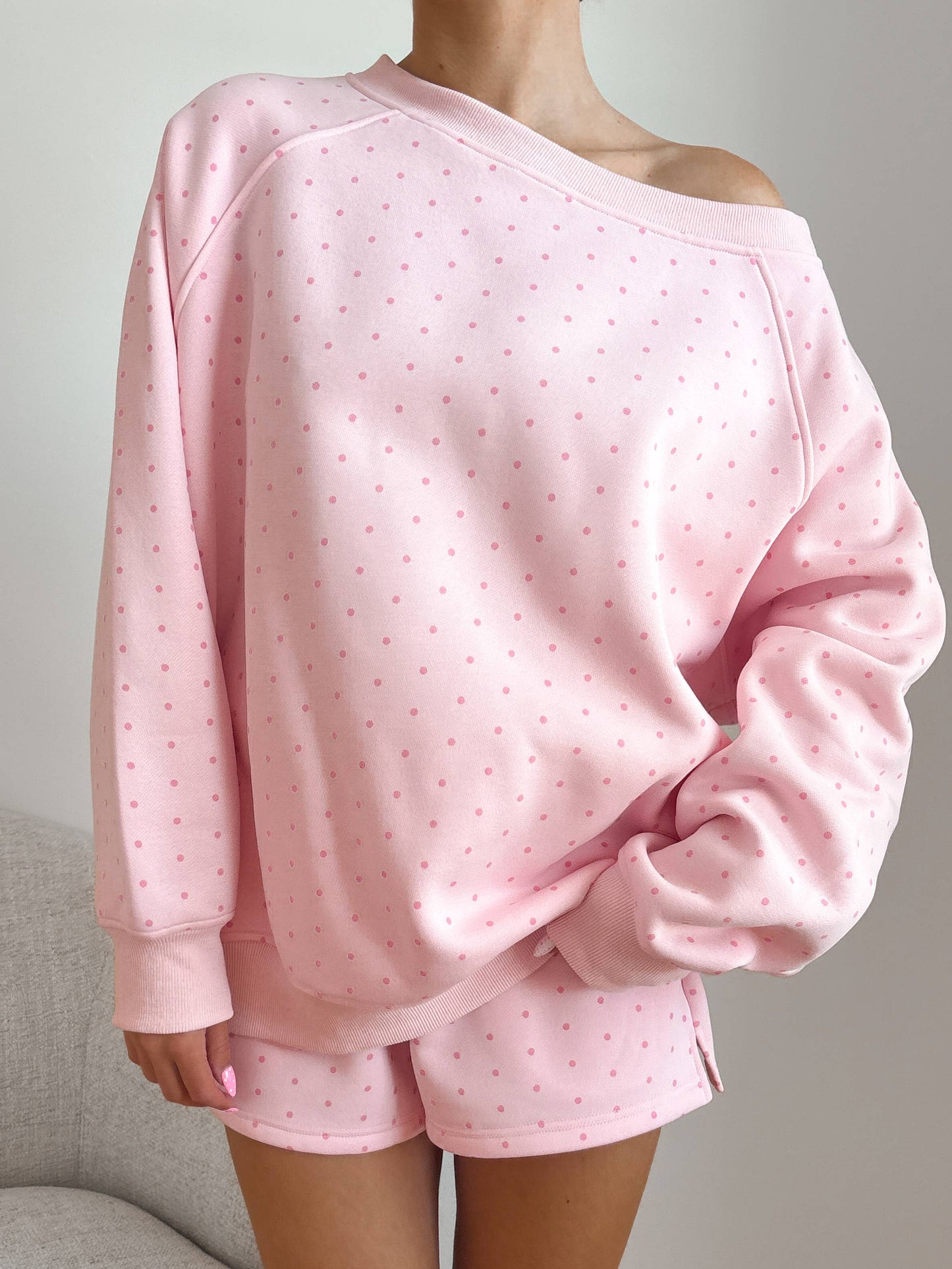 Light Pink Polka Dot Off The Shoulder Sweatshirt 100% Cotton