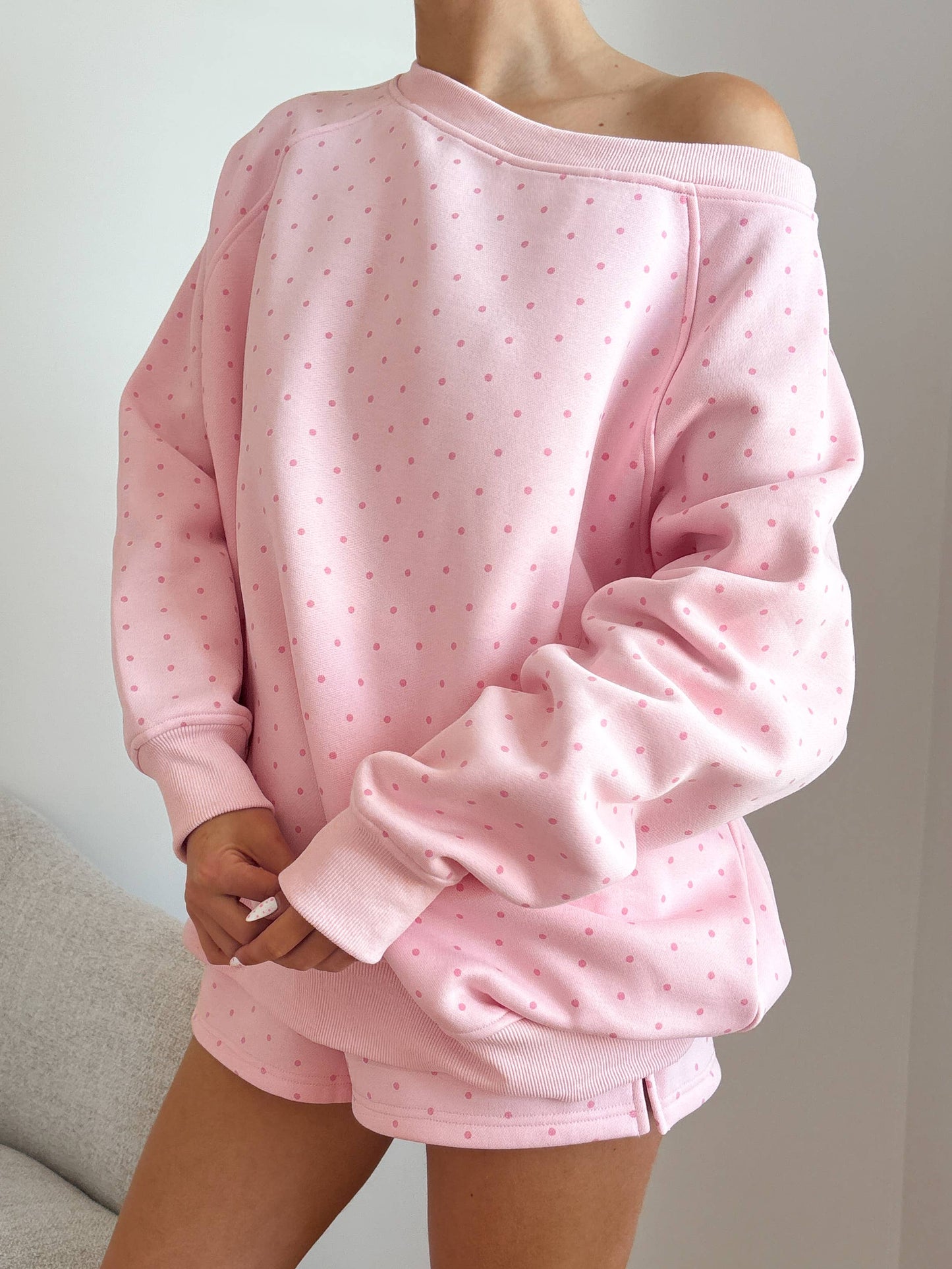 Light Pink Polka Dot Off The Shoulder Sweatshirt 100% Cotton