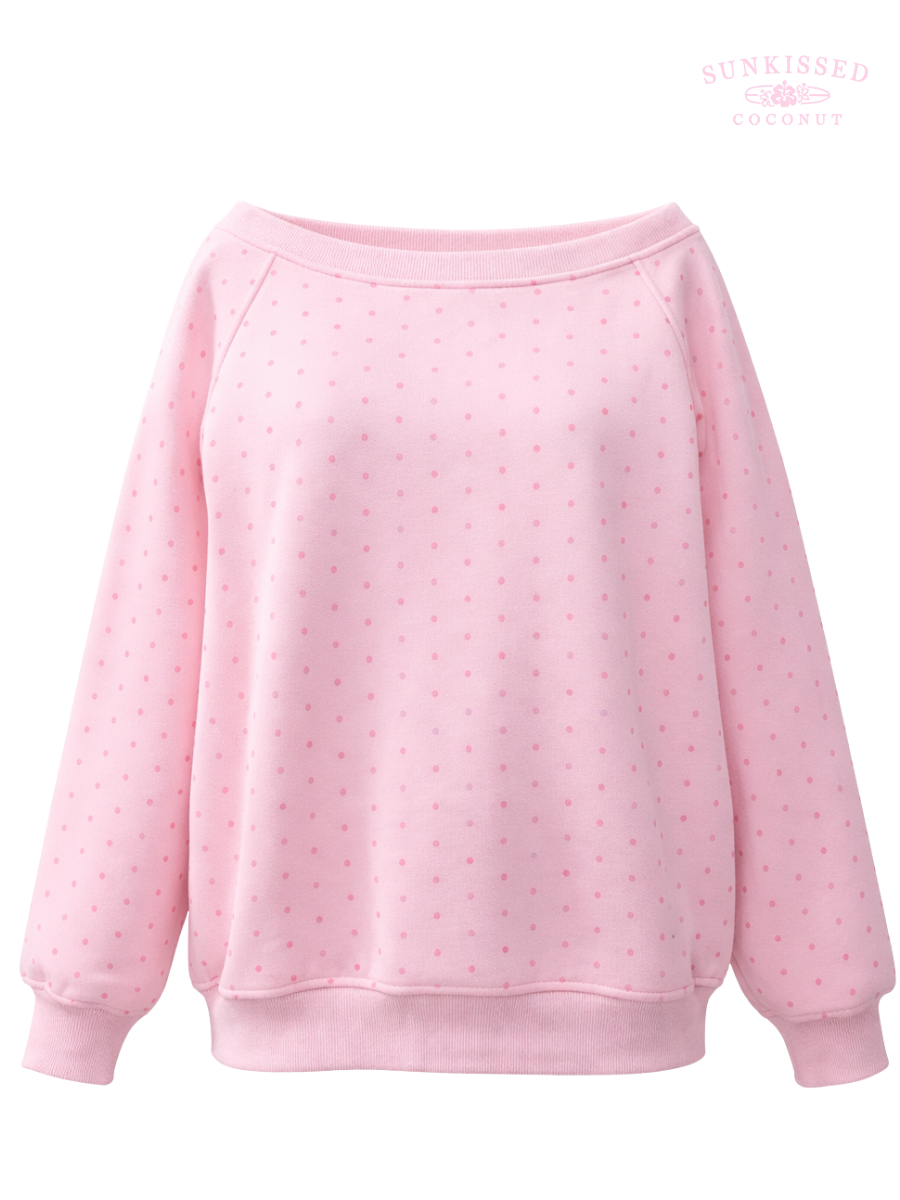 Light Pink Polka Dot Off The Shoulder Sweatshirt 100% Cotton