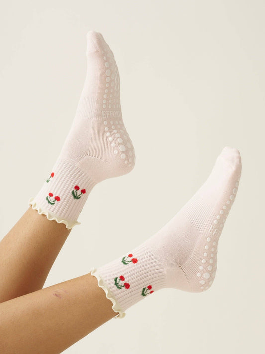 🍒 Cherry Ruffle Grip Sock [Baby Pink], Pilates Socks