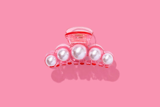 Claw Hair Clip - Large - Translucent Pink w/ Pearl Beads