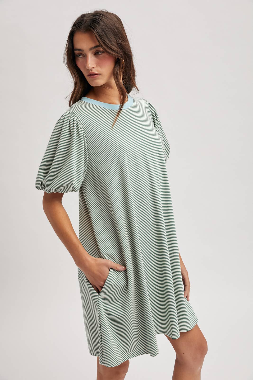 STRIPED PUFF SLEEVE KNIT MINI DRESS