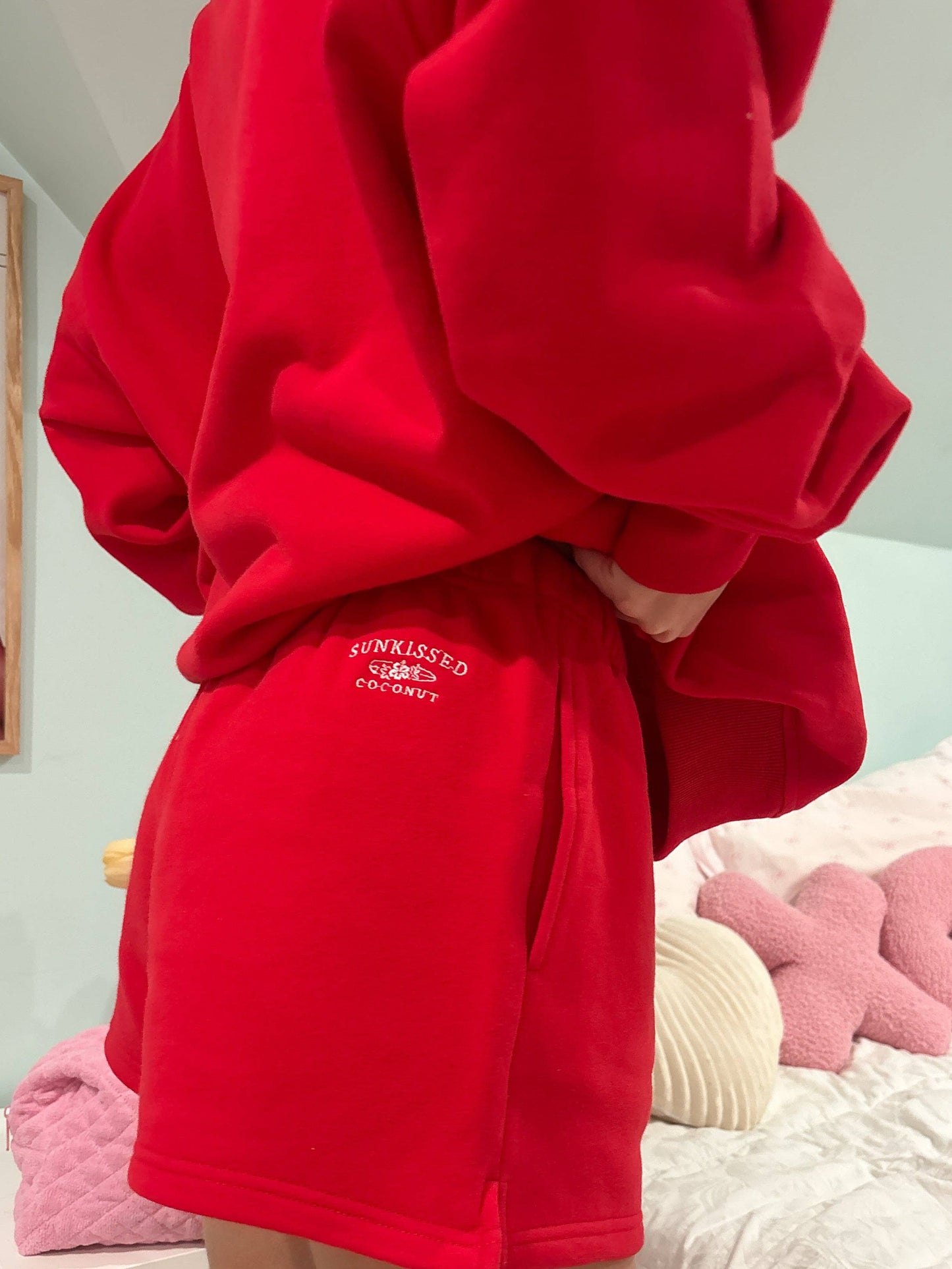 Red Embroidered Sweat Shorts